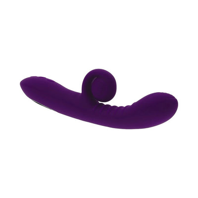 Purple silicone dual stim vibrator with curled external stimulator and textured G-Spot shaft, USB rechargeable and waterproof.