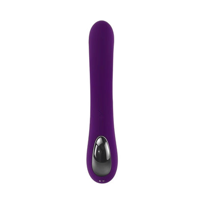Purple silicone rechargeable vibrator with smooth curved shaft and black control panel at base.