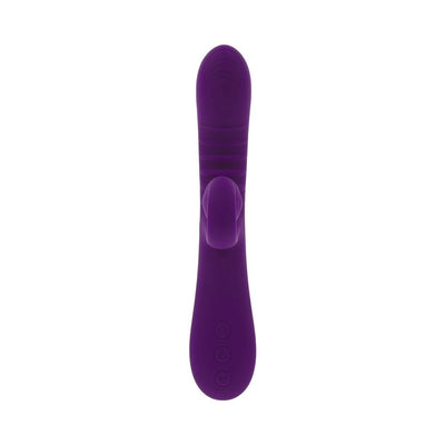 Purple silicone dual stim vibrator with curved external stimulator and control buttons on handle.