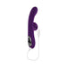 Purple silicone dual stim vibrator with curved G-spot shaft and external stimulator, shown with USB charging cable.