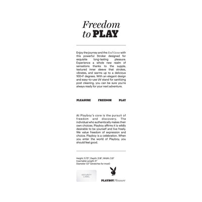Playboy End Game Rechargeable Stroker packaging text highlighting features, dimensions, and brand philosophy.