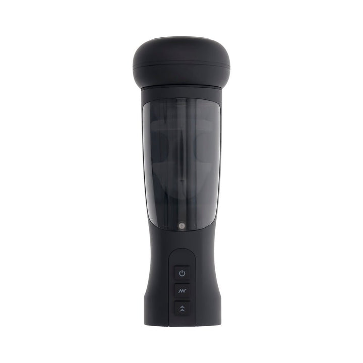 Black Playboy End Game rechargeable stroker with control buttons and transparent textured sleeve.