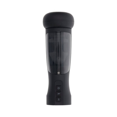 Black Playboy End Game rechargeable stroker with control buttons and transparent textured sleeve.