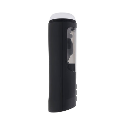 Side view of the Playboy End Game Rechargeable Stroker in black with a clear window and white cap.