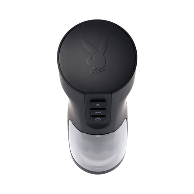 Top view of the sleek black Playboy End Game Rechargeable Stroker with control buttons and signature logo on the lid.