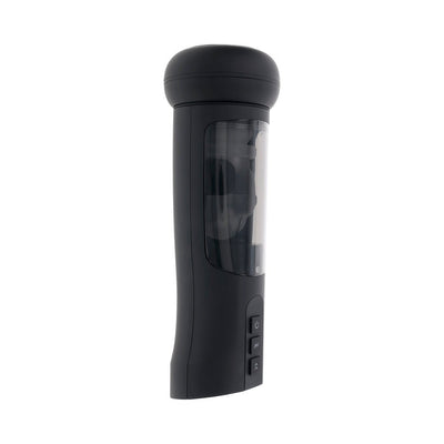 Black rechargeable stroker with textured inner sleeve visible through a clear window and control buttons on the side.