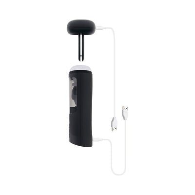 Black Playboy End Game rechargeable stroker with detachable UV sanitizing stand and USB charging cable on white background.