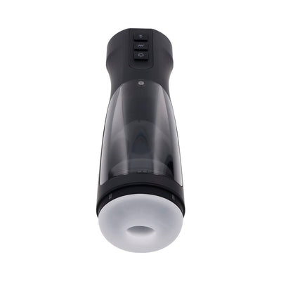 Black and translucent rechargeable stroker with white soft silicone sleeve and control buttons on top.