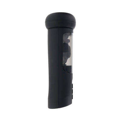 Black Playboy End Game rechargeable stroker with clear side panel and control buttons on white background.