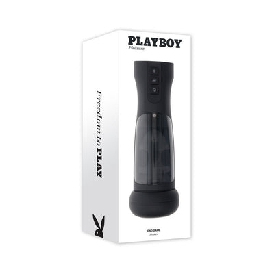 Playboy End Game Rechargeable Stroker in sleek black with control buttons, displayed on white packaging box.