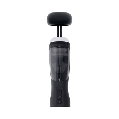 Black and gray Playboy End Game rechargeable stroker with control buttons and transparent textured sleeve visible.