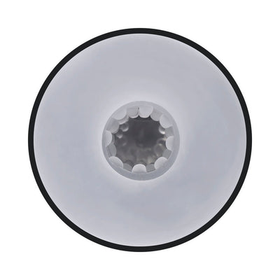 Top-down view of the Playboy End Game Rechargeable Stroker showing the textured, translucent inner sleeve opening.