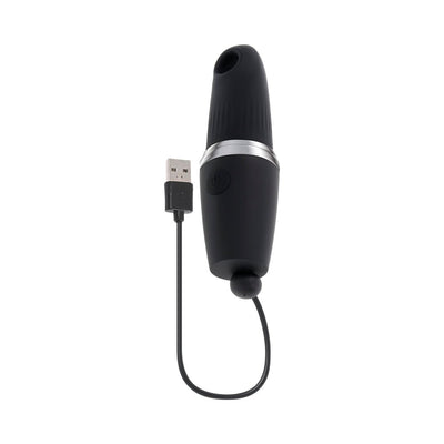 Black rechargeable silicone clitoral suction vibrator with USB charging cable and power button.