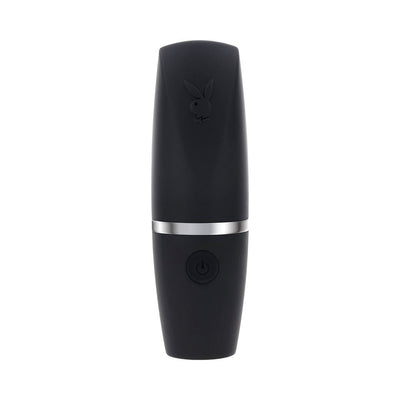 Black rechargeable silicone clitoral suction vibe with sleek silver accent and power button, shaped like a lipstick case.