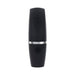 Black rechargeable silicone clitoral suction vibe with sleek silver accent and power button, shaped like a lipstick case.