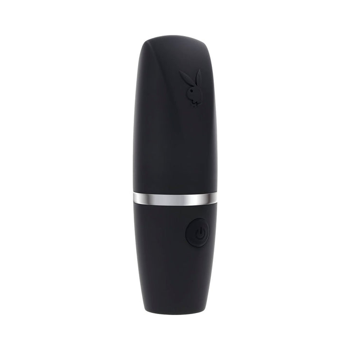 Black silicone Playboy Excursion rechargeable suction vibe with silver accent and power button.