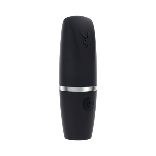 Black silicone Playboy Excursion rechargeable suction vibe with silver accent and power button.