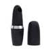 Black rechargeable silicone clitoral suction vibrator with removable cap and silver accent ring.