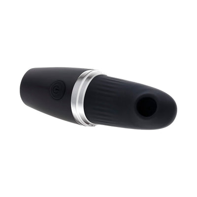 Black silicone rechargeable suction vibe with silver accent and power button, sleek compact design for discreet use.
