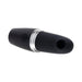 Black silicone rechargeable suction vibe with silver accent and power button, sleek compact design for discreet use.