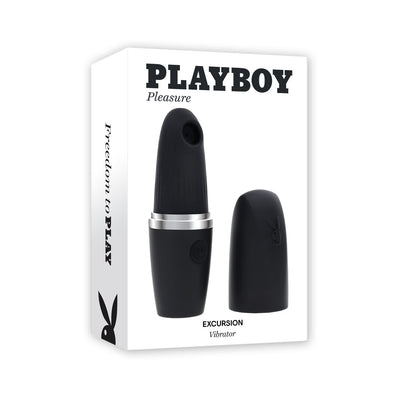 Black silicone Playboy Excursion rechargeable suction vibrator with cap, displayed on white packaging box.