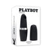 Black silicone Playboy Excursion rechargeable suction vibrator with cap, displayed on white packaging box.