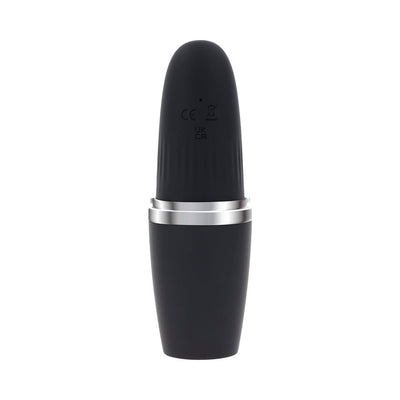 Black rechargeable silicone suction vibe with silver accent, designed in a discreet lipstick-style case.