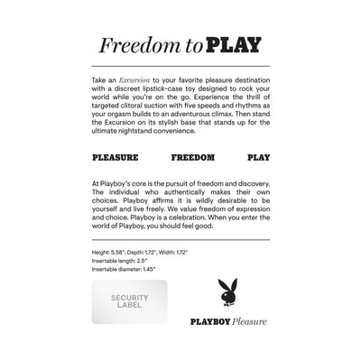 Playboy Excursion Rechargeable Suction Vibe description highlighting freedom, pleasure, and product dimensions with brand logo.