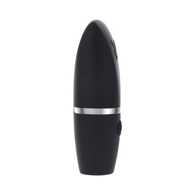 Black rechargeable silicone clitoral suction vibe with sleek silver band and discreet lipstick-style design.
