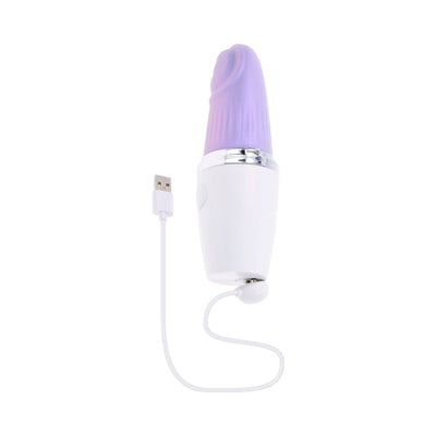Compact white and opal silicone tapping toy with USB charging cable, designed for discreet and waterproof use.