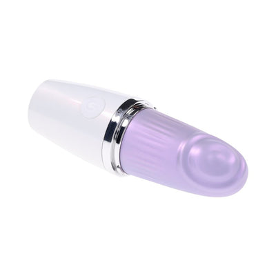 Compact white and opal purple tapping toy designed like a lipstick case with a silver accent ring.