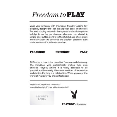 Playboy Getaway product description highlighting travel-friendly tapping toy with 7 speeds, discreet design, and waterproof features.