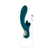 Deep teal silicone Playboy Harmony vibrator with USB magnetic charging cable on white background.