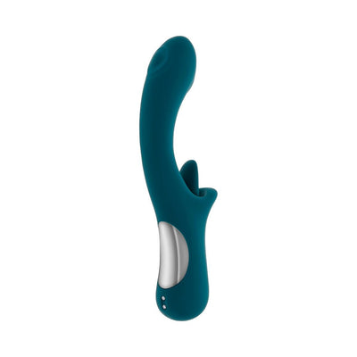 Deep teal curved silicone vibrator with dual stimulation arms and silver control panel on white background.