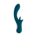 Deep teal silicone vibrator with curved shaft and dual stimulation design, featuring a smooth ergonomic handle.
