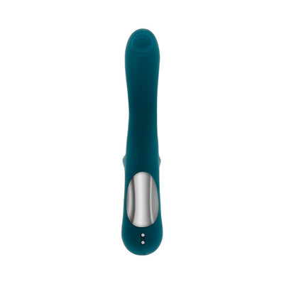 Deep teal silicone vibrator with curved tip and metallic control panel, designed for G-spot and clitoral stimulation.
