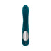 Deep teal silicone vibrator with curved tip and metallic control panel, designed for G-spot and clitoral stimulation.