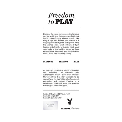 Playboy Harmony Deep Teal tongue vibrator product description highlighting features and dimensions on white background.