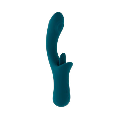 Deep teal silicone dual-stimulation vibrator with curved G-spot shaft and clitoral tongue attachment, featuring control buttons.
