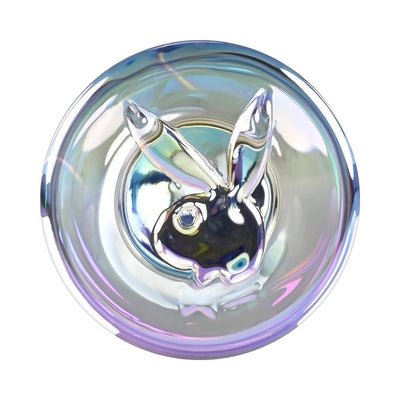 Iridescent glass butt plug base featuring a raised Playboy bunny logo with a shimmering crystal finish.