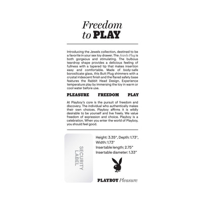 Playboy Jewels Plug product description with size details and Playboy logo on white background.