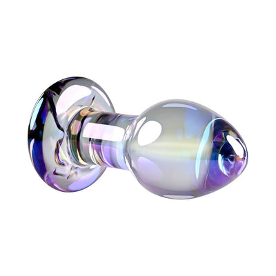 Iridescent glass butt plug with tapered teardrop shape and flared base, featuring a subtle crystal shine.