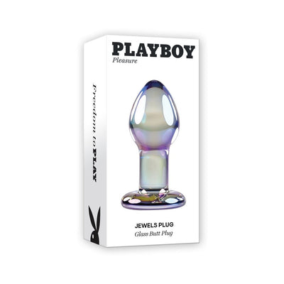 Playboy Jewels Glass Butt Plug with iridescent finish and rabbit head base shown on white packaging box.