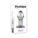 Playboy Jewels Glass Butt Plug with iridescent finish and rabbit head base shown on white packaging box.