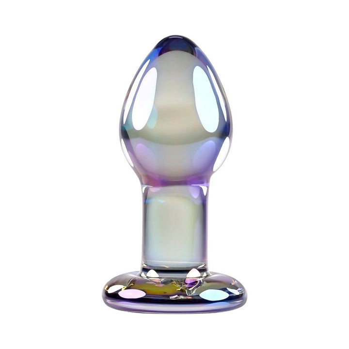 Iridescent glass butt plug with teardrop shape and flared base, featuring a smooth, reflective surface.