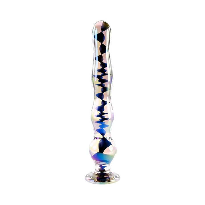 Iridescent borosilicate glass wand with a tapered, beaded shaft and dark spiral design, featuring a flared base.