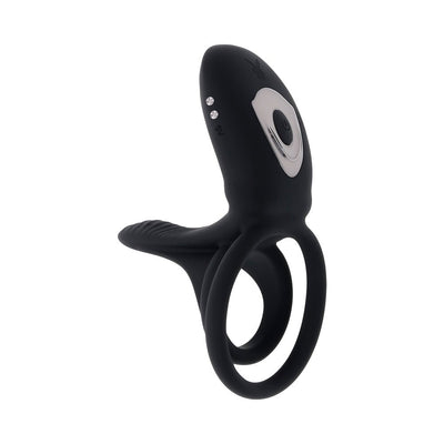 Black rechargeable silicone C-ring with dual rings and control button, designed for enhanced girth and vibration stimulation.