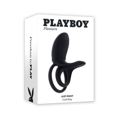 Packaging of Playboy Just Right rechargeable black silicone C-ring with dual rings and textured sheath shown on white box.