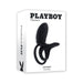 Packaging of Playboy Just Right rechargeable black silicone C-ring with dual rings and textured sheath shown on white box.