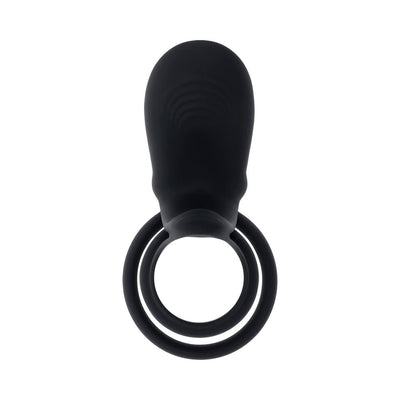 Black rechargeable silicone C-ring with dual stretchy rings and a textured vibrating sheath.